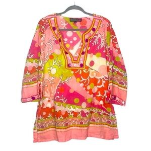 Key Lime & Pink Women's Pink/Green Print Tunic Beaded Boho Colorful size Medium